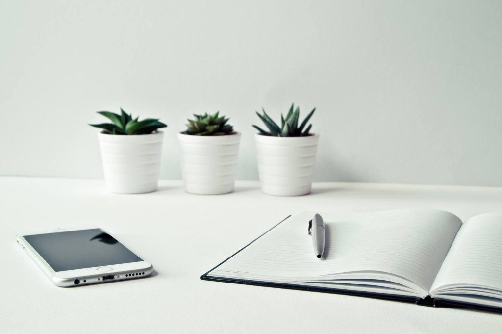 A notebook, phone, and plants arranged neatly on a clean white table.