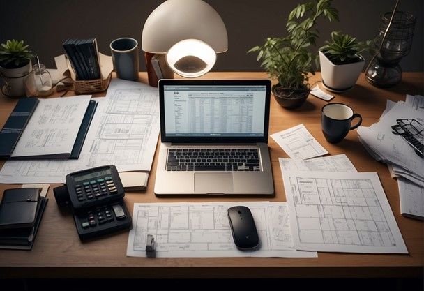 A well-organized desk in one of the leading architectural firms with architectural plans, a laptop displaying spreadsheets for financial fortitude, and various office supplies.