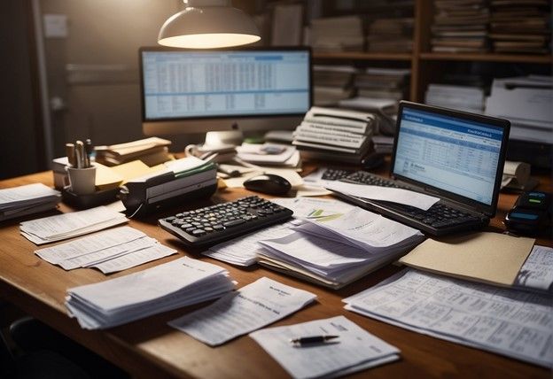 A desk with a lot of paperwork on it, all related to Tampa Small Business Bookkeeping.