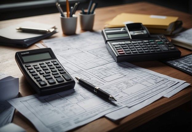 A desk with blueprints, a calculator, pen, and paper.