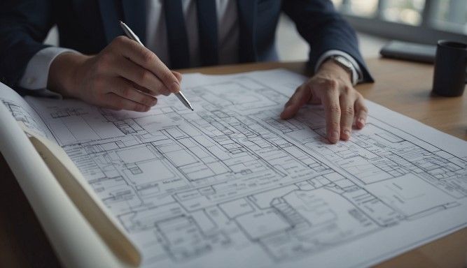 Architect reviewing design projects blueprints at a desk.