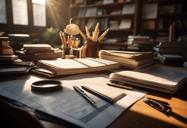 A well-lit study with an assortment of open books, papers, and writing utensils on a wooden desk, nurturing creativity.
